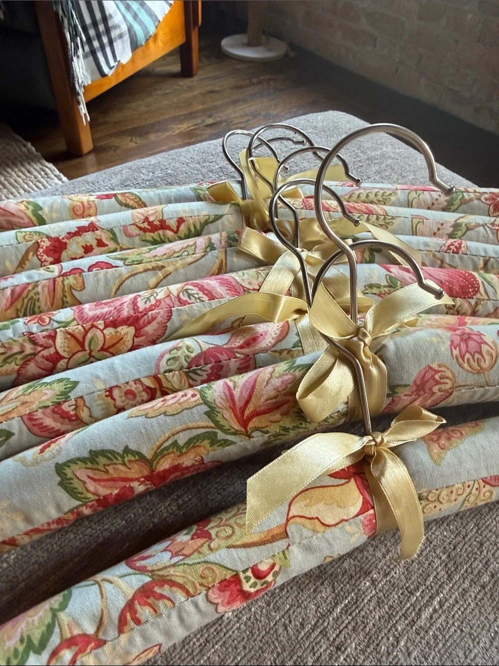 Fabric Padded Floral and Coral Satin Hangers - Set